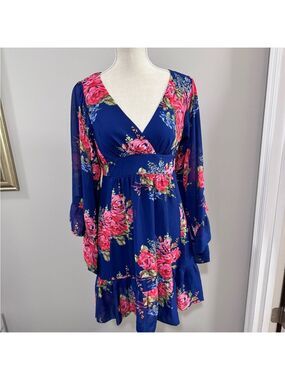 Betsey Johnson Blue/Pink Ruffled Tiered Long Bell Sleeve Dress. Size 8